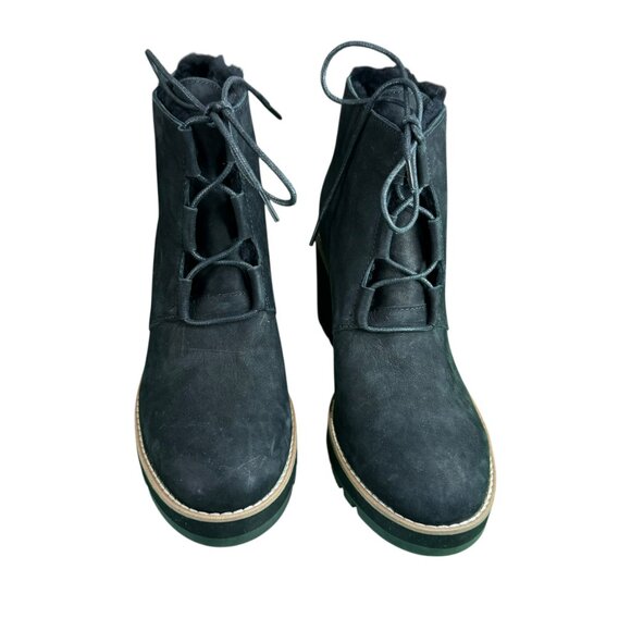 Eileen Fisher Black Suede Wedge Boots Size 10 | Shearling Lined Lace-Up Platform - Picture 1 of 9